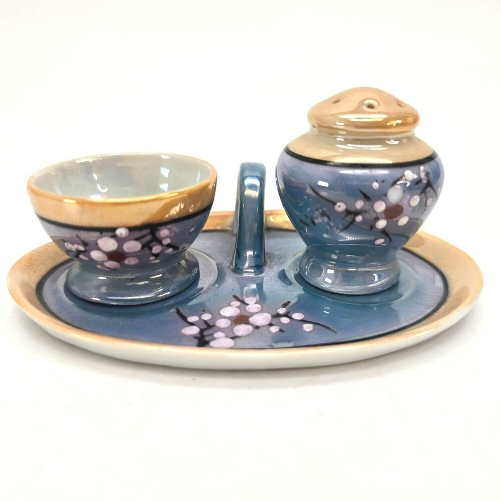 Vintage Lusterware Egg Coddler & Salt Shaker Set With Tray Blue Peach je160
